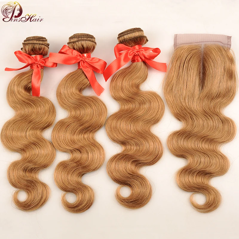 #27 Pinshair перуанские волосы 3 пучка с закрытием медовый блонд#27 цветные человеческие волосы волнистые пучки с закрытием не линяют не Реми - Цвет: #27