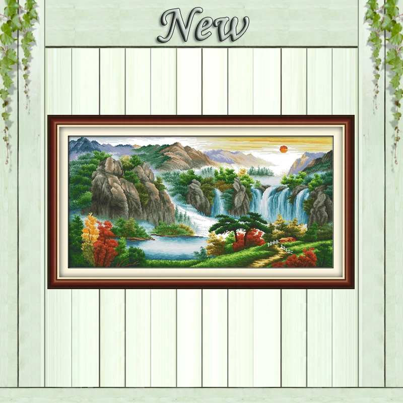 

High mountains river sun mascot Counted print on fabric DMC 14CT 11CT DIY Embroidery Sets Cross Stitch Needlework kits paintings