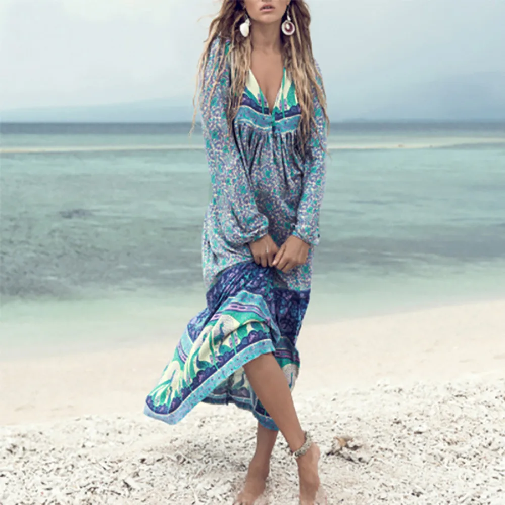 Летнее пляжный отдых платье пикантные Для женщин Длинные рукава Бохо с цветочным