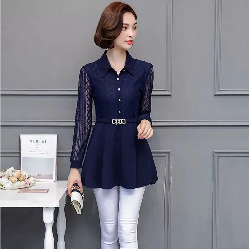 

Women Spring Autumn Style Blouses Shirts Lady Casual Three Quarter Sleeve Turn down Collar Hollow Out Lace Blusas Tops DF1964
