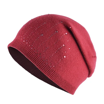 Повседневные вязаные шапки из кроличьей шерсти, женские шапки skullies, зимние шапки для девочек, мигающие бриллианты, двухслойная женская шапка gorros - Цвет: Crimson