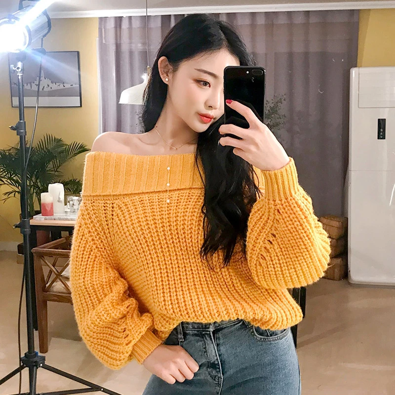 HziriP 2018 Korea Chic Autumn Winter New Women Sweater Long Sleeve Sexy Off Shoulder Pullover Loose Solid Female Elegant Tops | Женская