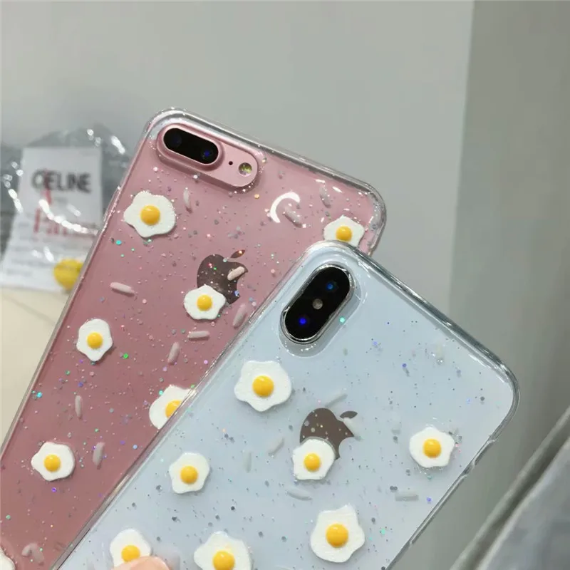 Деловой чехол для телефона DISCASE для iPhone X 8 7 6 6s плюс с простым веселым едой в виде яичного жареного риса из блесток TPU прозрачный мягкий корпус крышки на.