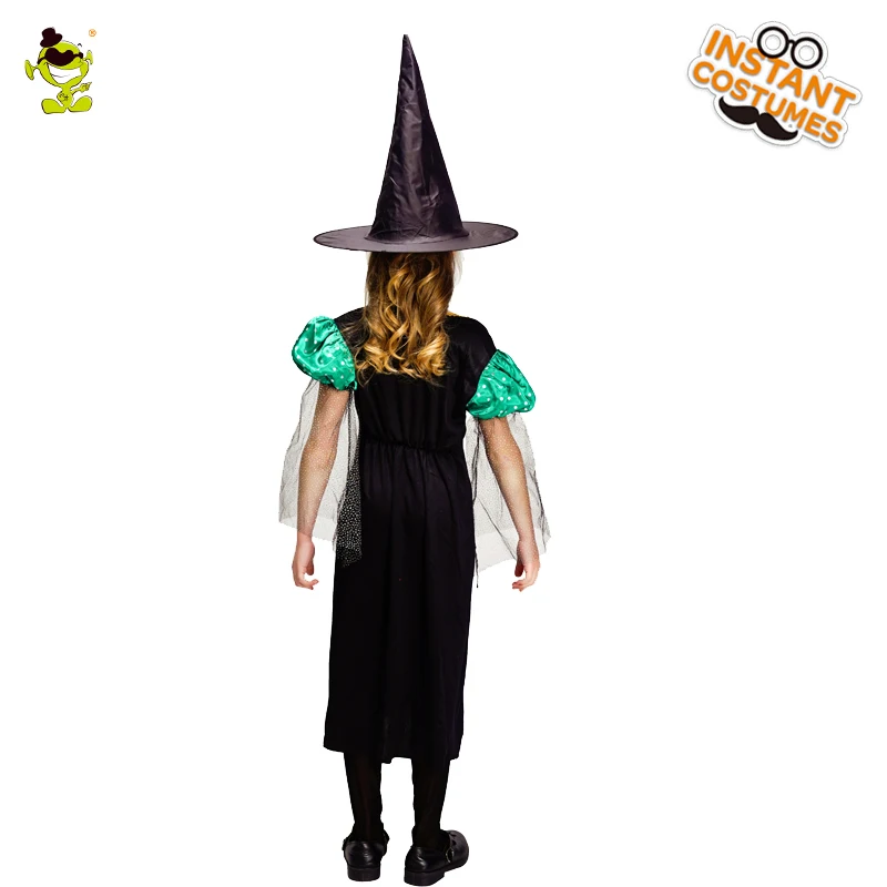 

Kids Witch Costume Girl's Black And Green Dress With Hat Clothes For Halloween Cosplay Party