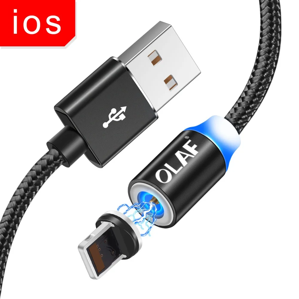OLAF 1 м СВЕТОДИОДНЫЙ Магнитный зарядный кабель Micro USB для iPhone X XR XS Max Быстрая зарядка usb type C для Xiaomi кабель зарядный провод шнур - Цвет: Black IOS
