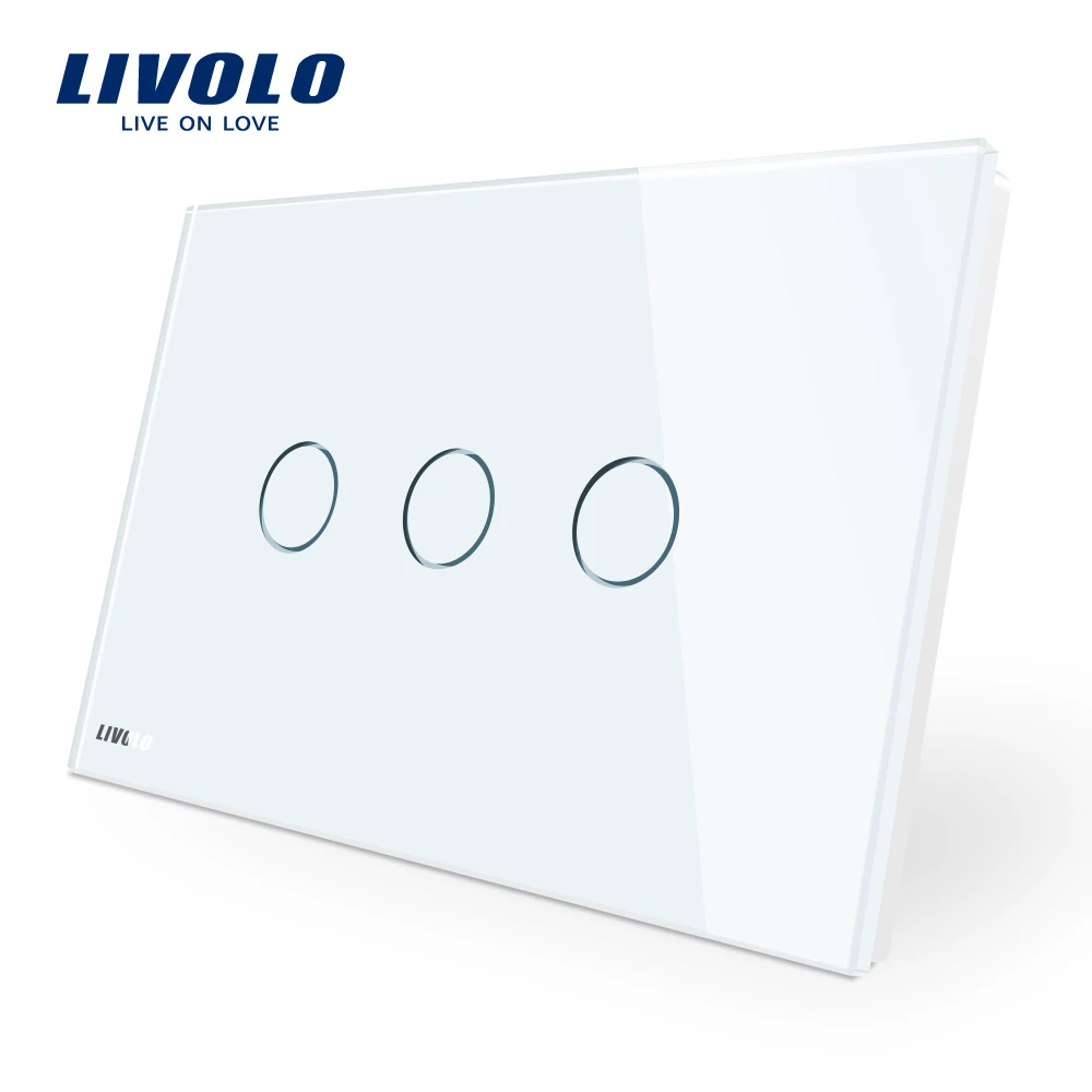 Производитель, Livolo настенный выключатель VL-C903-11, 3-ган 110~ 220V с украшением в виде кристаллов Стекло Панель AU/US Стандартный Сенсорный экран Управление настенный светильник