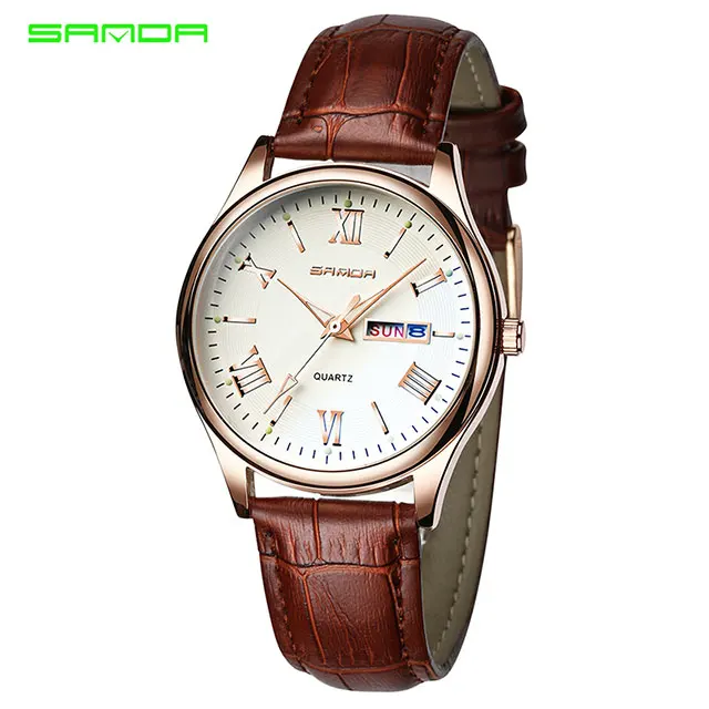 brown white rosegold SANDA светящиеся кварцевые часы мужские часы деловые черные кожаные Наручные часы Роскошные мужские часы Geneva Relogio Masculino - Цвет: brown white rosegold