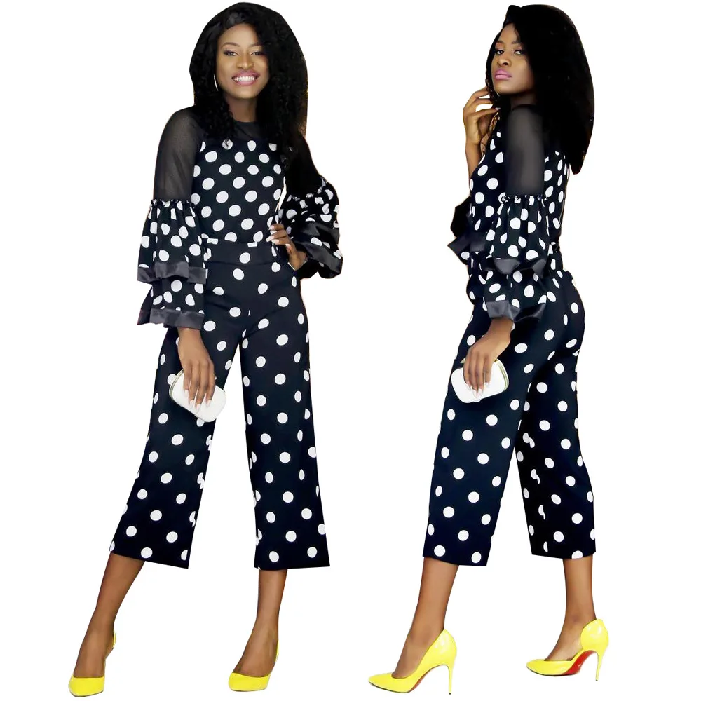 

2019 Women Polka Dot Falbala Long Sleeve Wide Leg Jumpsuits Casual Mesh Insert Summer Spring Fall Ruffles Sleeve Jumpsuit