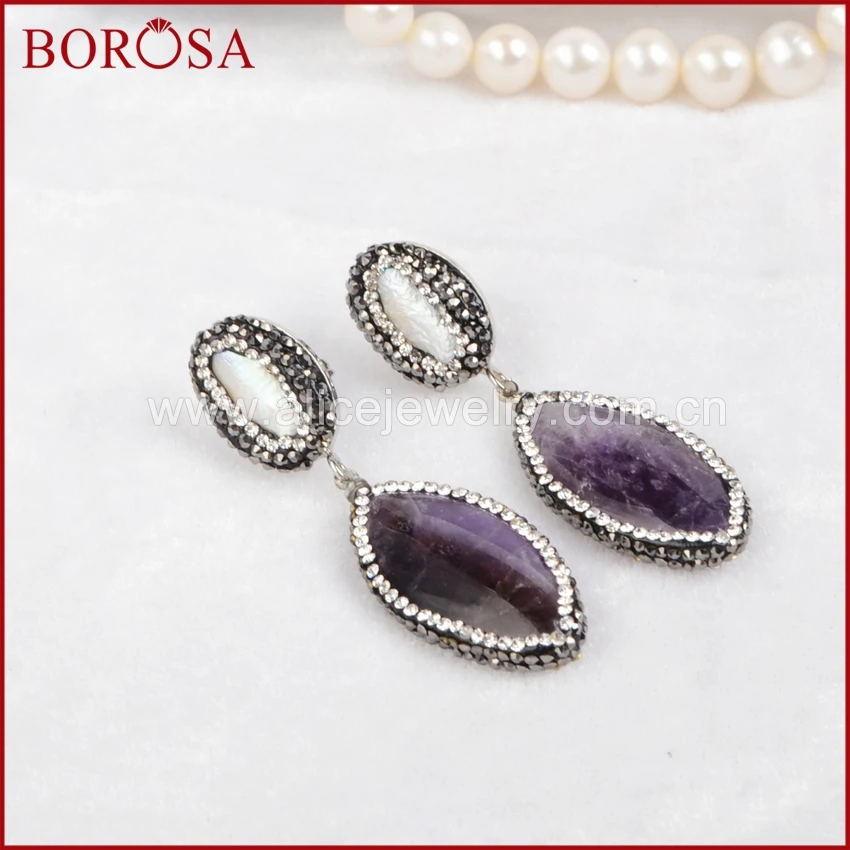 Borosa ручной работы Drusy висячие серьги натуральный жемчуг & amethyформа аметисты