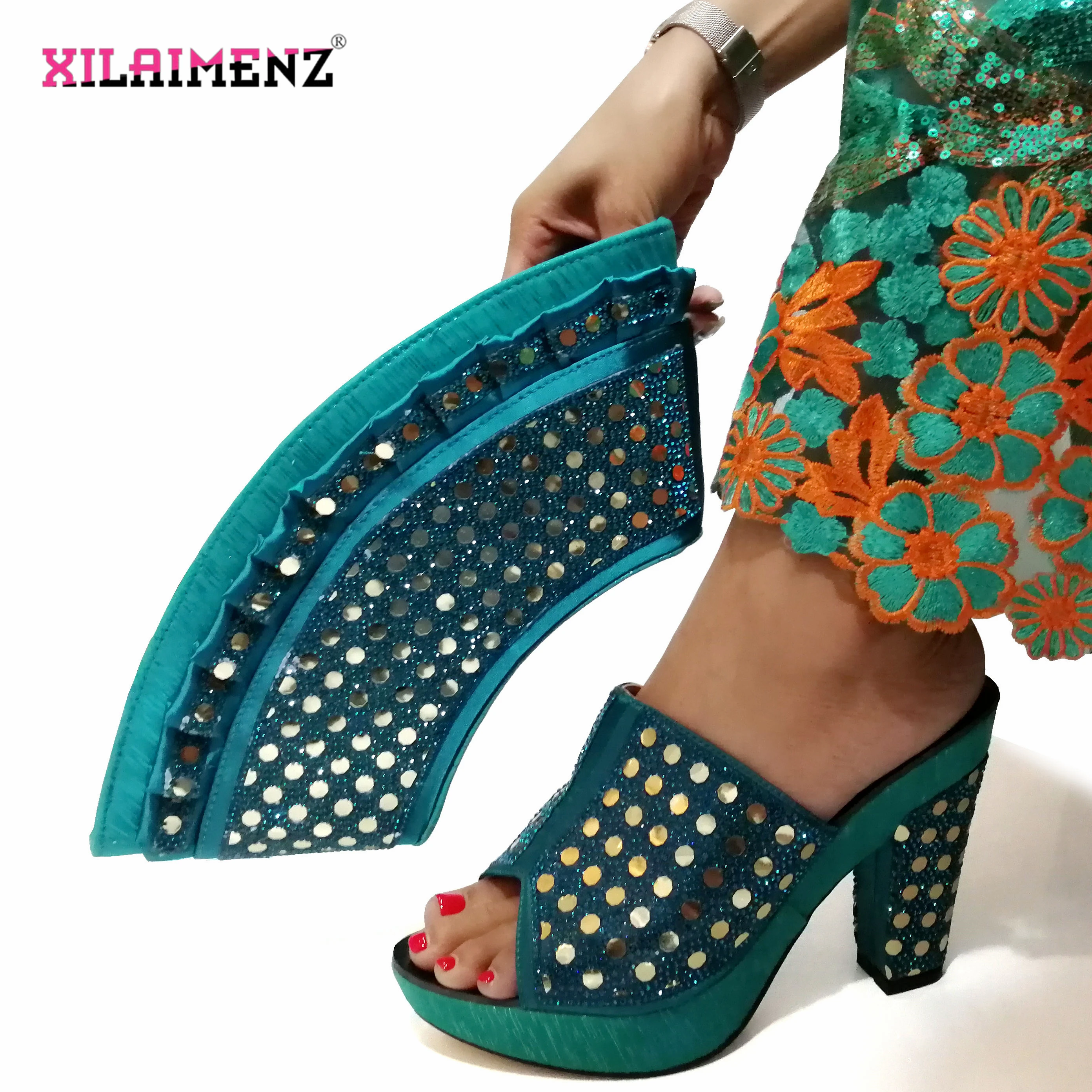 

Latest Wedding African Party Italian Shoes with Matching Bags for Wedding in Black Shoe and Bag Set with Shinning Crystal