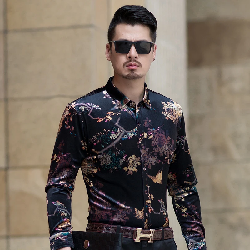 Mens gold velvet dress shirt autumn sexy male long sleeve flroal free shipping | Мужская одежда