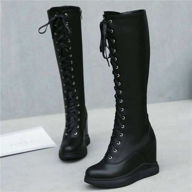 Thigh High Boots Women Genuine Leather Lace Up Knee High Booties Wedges High Heel Tall Shaft Punk Sneakers Winter Punk Creepers