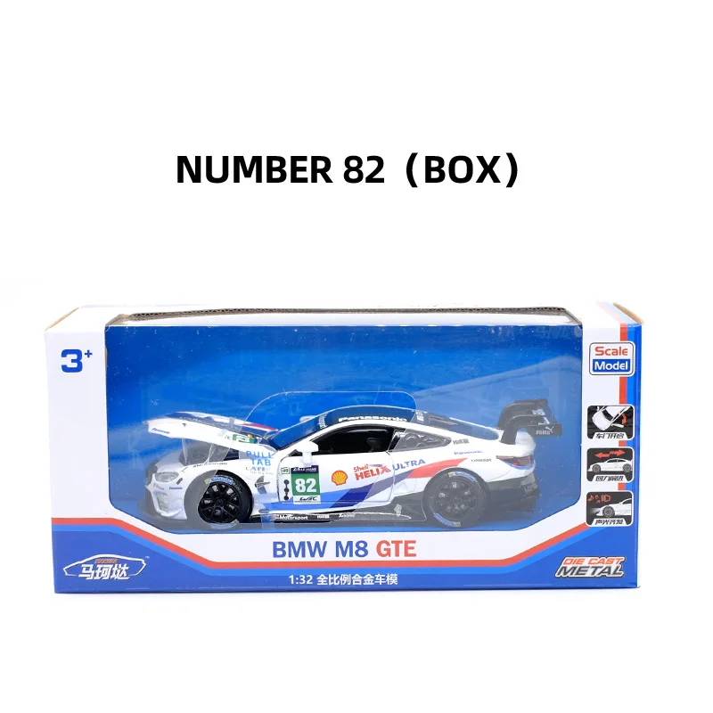 NUMBER 82(BOX) 1:32 M8 GTE Le Mans, модель спортивного автомобиля из сплава, литая под давлением, три двери, открывающийся звуковой светильник, супер гоночная Коллекционная модель - Цвет: NUMBER 82(BOX)