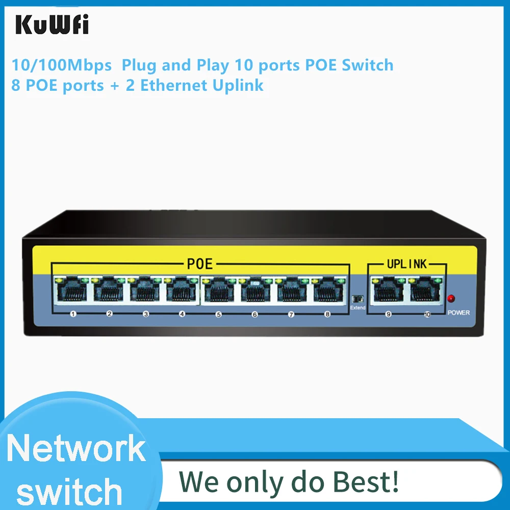 KuWFi 10 портовый коммутатор PoE, 2 порта UpLink, 802.3af/at, 120 Вт Встроенная Мощность, Vlan до 250 м, металлический сетевой коммутатор Plug& Play