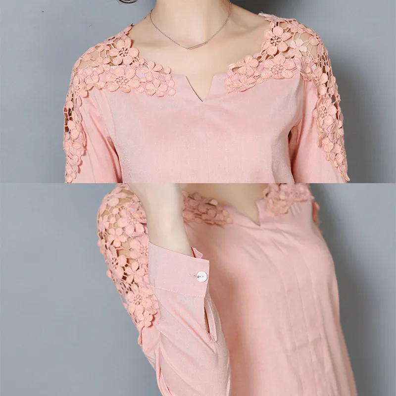 

2021 New fashion V-neck slim women Blouse Shirt long sleeve Sexy hollow Lace women's clothing Plus Size women top blusas 185B 20