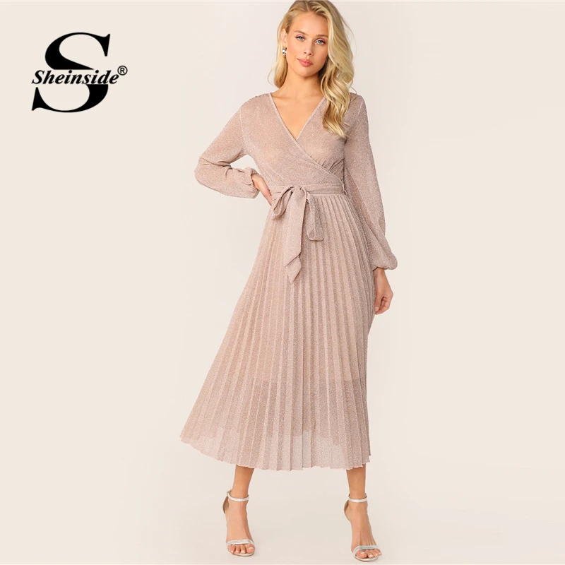 Sheinside, розовое блестящее платье макси с v-образным вырезом, женское платье, летний фонарик, рукав А-линия, платья, женское плиссированное платье с поясом