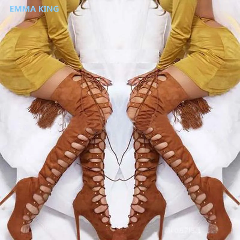 

Summer Fashion Women Over Knee Gladiator Sandals Boots Peep Toe Cut-Out Tassel Thigh High Boots Ladies High Heels Roman Shoes