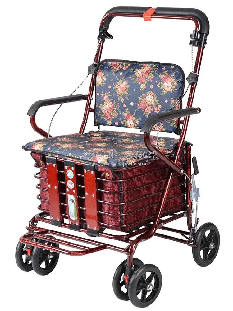 

Folding shopping cart can sit & push Four-wheeled walker small pull cart elderly trolley with storage basket