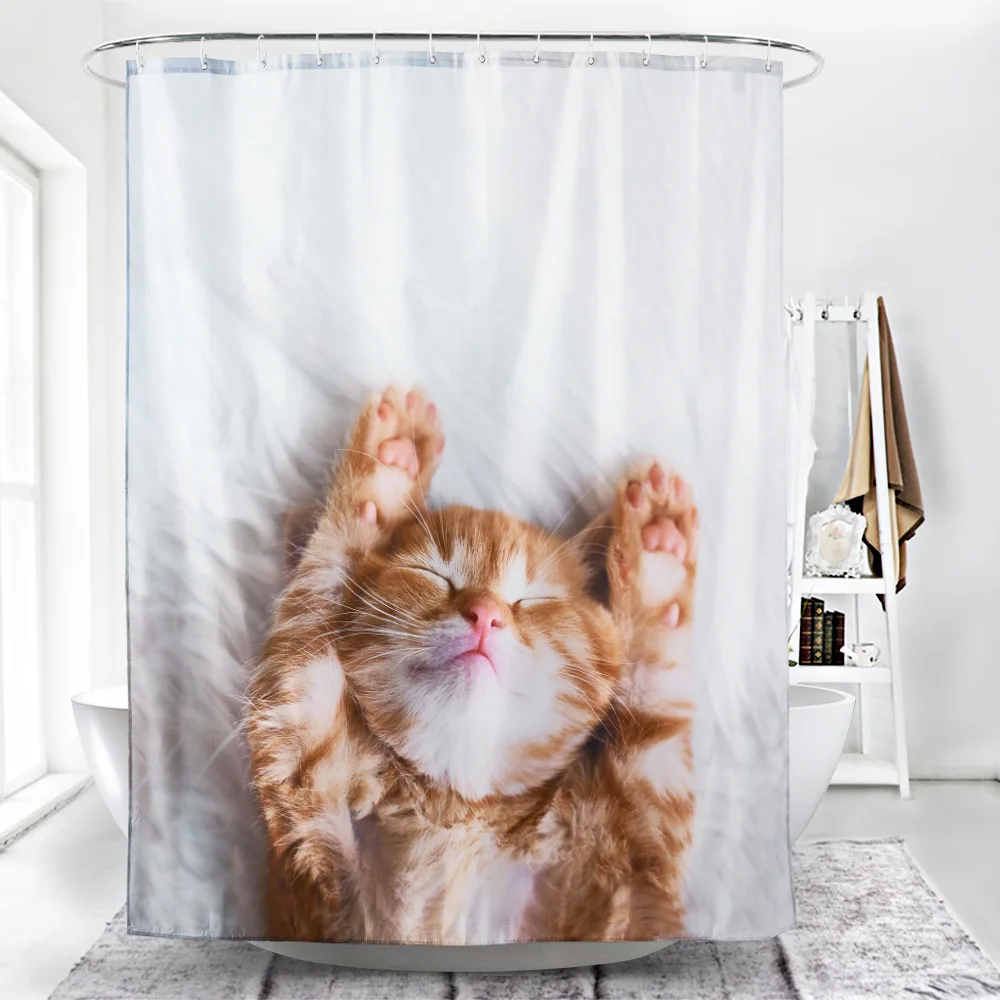 

3D Cat Printed Waterproof Bathroom Shower Curtain Thicken Polyester Fabric Bathroom Curtain Opaque Bath Curtain with C type Hook
