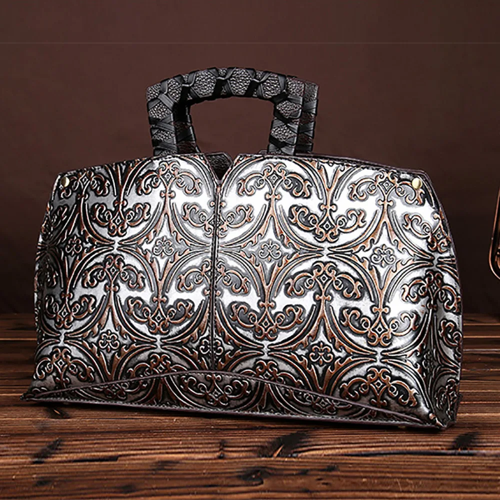 Женская сумка из натуральной тисненой кожи винтажная Сумка-тоут воловьей