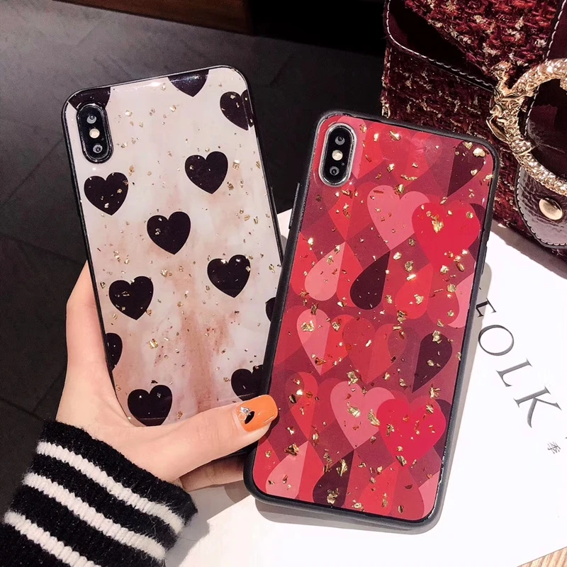 For Huawei Y9 2019 Case Retro Cute Love Heart Gold Foil Bling Glitter Phone Cover Soft Silicone Back |
