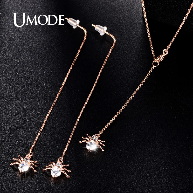 

UMODE Spider Rose Gold Cubic Zirconia Long Dangle Earrings and Necklace Set Fashion Jewelry For Women Cute Christmas Gift US0034