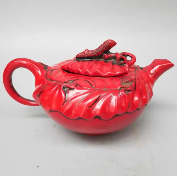 

Китайская Коллекционная имитация смолы чистая ручная резьба форма листа чайник поделки статуя