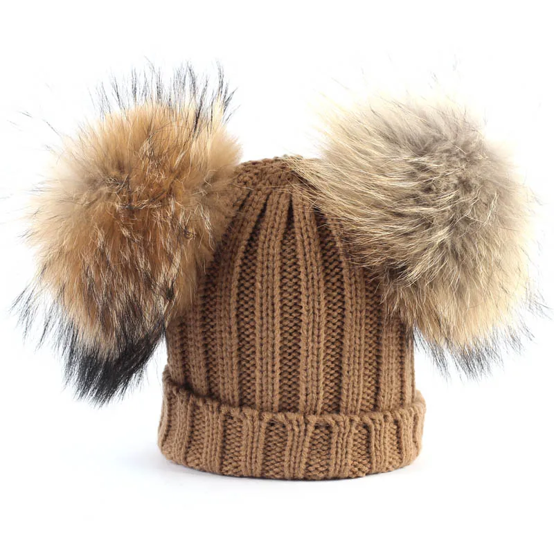 Khaki Hat A Geebro 2 предмета набор для детей вязаная шапка и шарф с двойным реального помпонами для мальчиков и девочек громоздкая шапочка Шапки с меховые помпоны - Цвет: Khaki Hat A