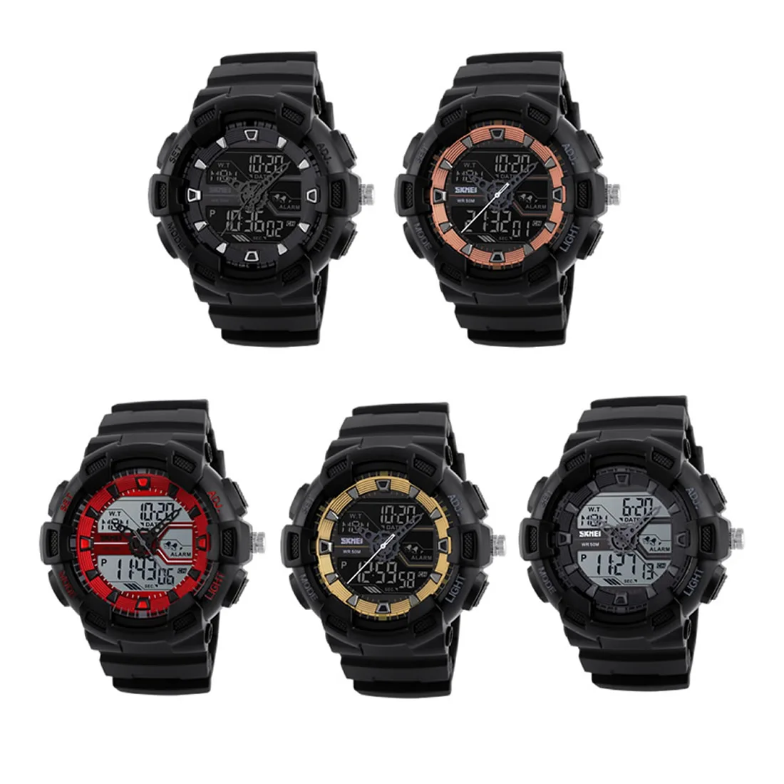 Чисто черные мужские часы кварцевые Цифровой двойное время спортивные