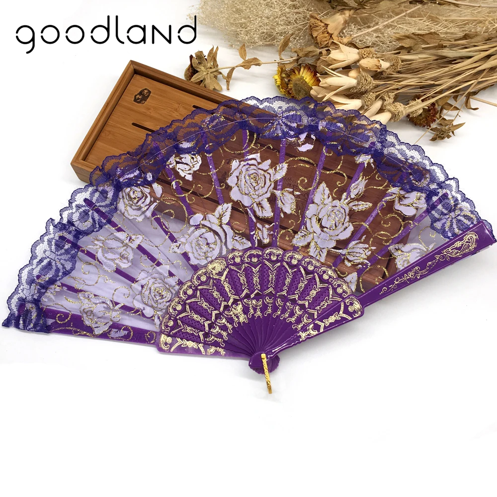 Free Shipping 10pcs Luxury Rose Pattern Glitter Floral Lace Hand Fan Party Dance Folding Kraft Gifts | Дом и сад