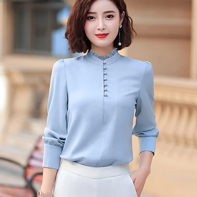 Blue Blouse Новинка, женская блуза с длинным рукавом, украшенная бисером, рубашка, элегантная, офисная, для женщин, для работы, одежда в деловом стиле, S-4XL, со стоячим воротником, топы - Цвет: Blue Blouse