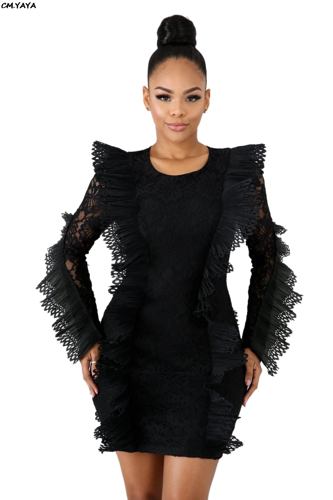 2019 Новое Женское платье с круглым вырезом и оборками сбоку кружевное вышивкой