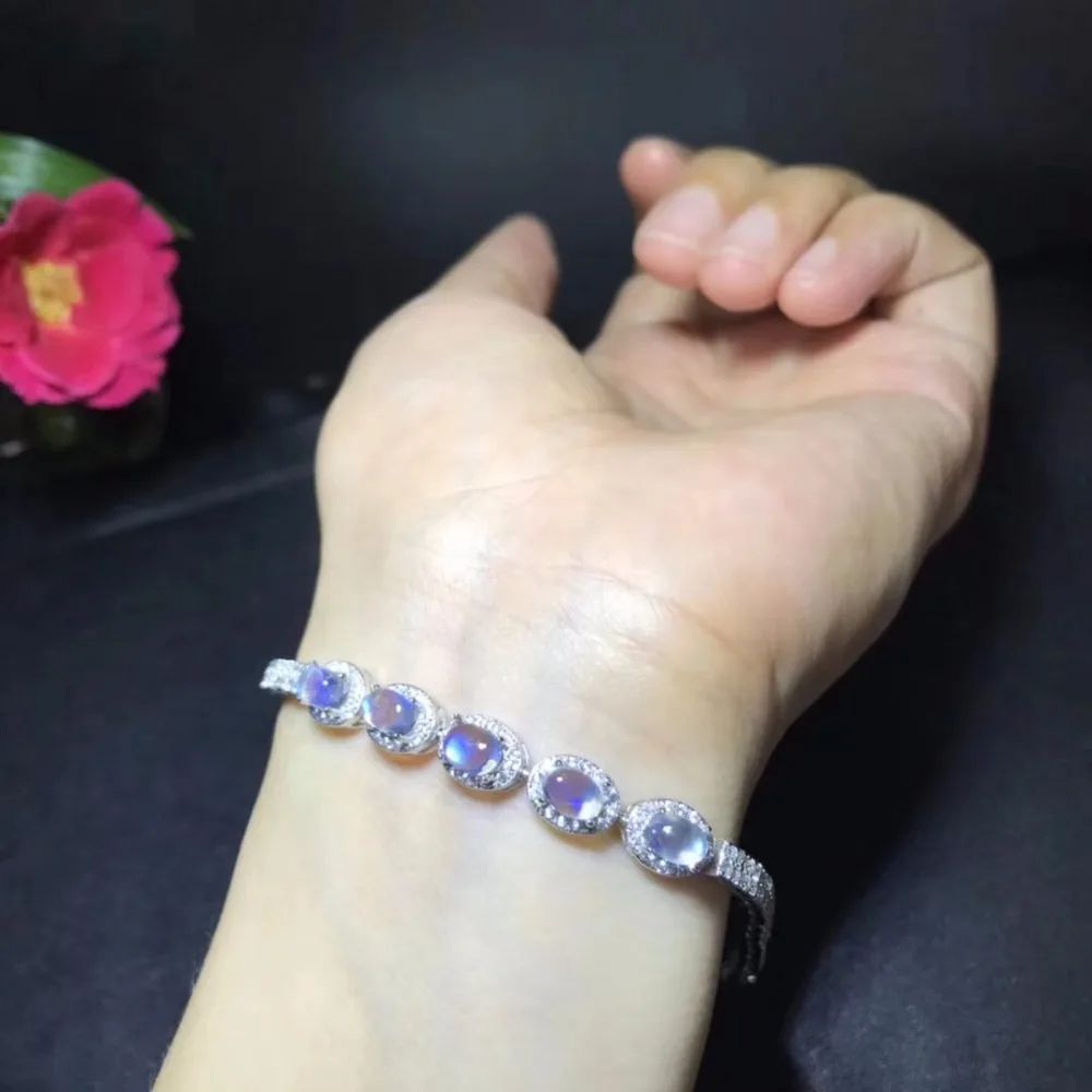 Натуральный лунный камень синего цвета браслет простой и изысканный серебро 925