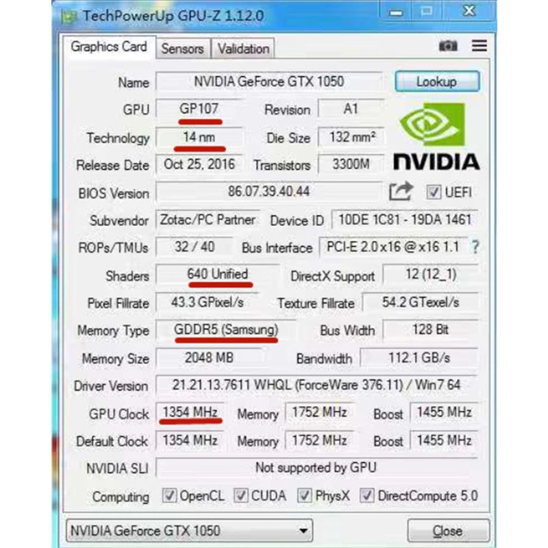 ZOTAC Original GTX1050-2GD5 Thunder GPU Video Card 128Bit GP107 GTX 1050 2GB GDDR5 Graphics Cards Map Geforce GTX 1050 Used