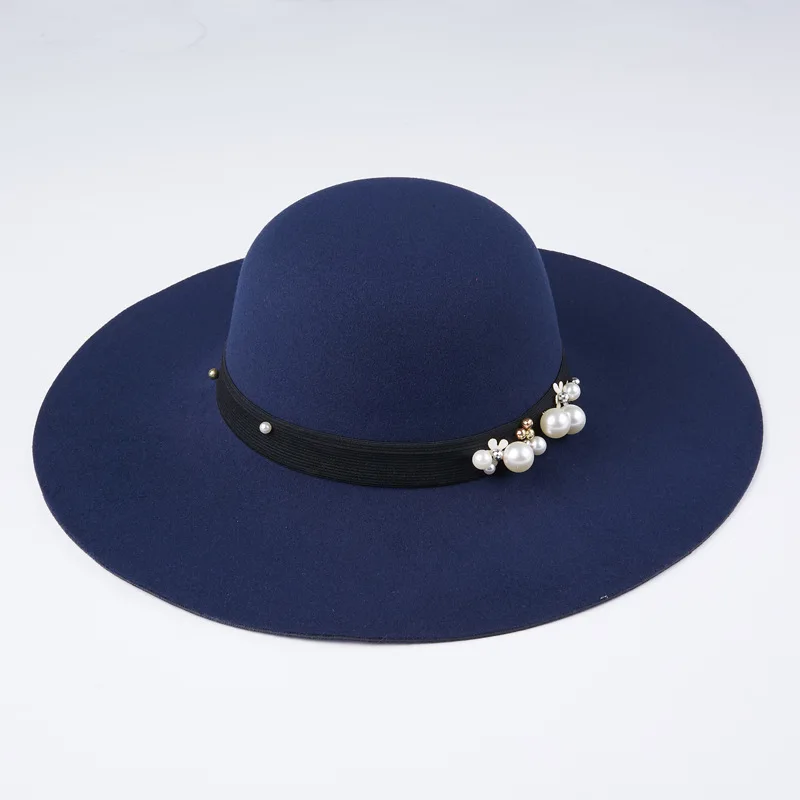 Navy Blue Осенне-зимние шапки, шапки для женщин, модная шерстяная фетровая шляпа с жемчугом для девушек, шляпы с широкими полями, Купольные GH-209 - Цвет: Navy Blue