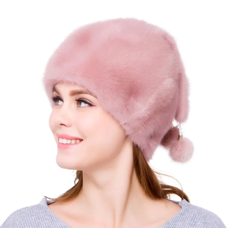 шапка Женская из натуральной кожи норки Меховые помпоны аксессуары для женщин