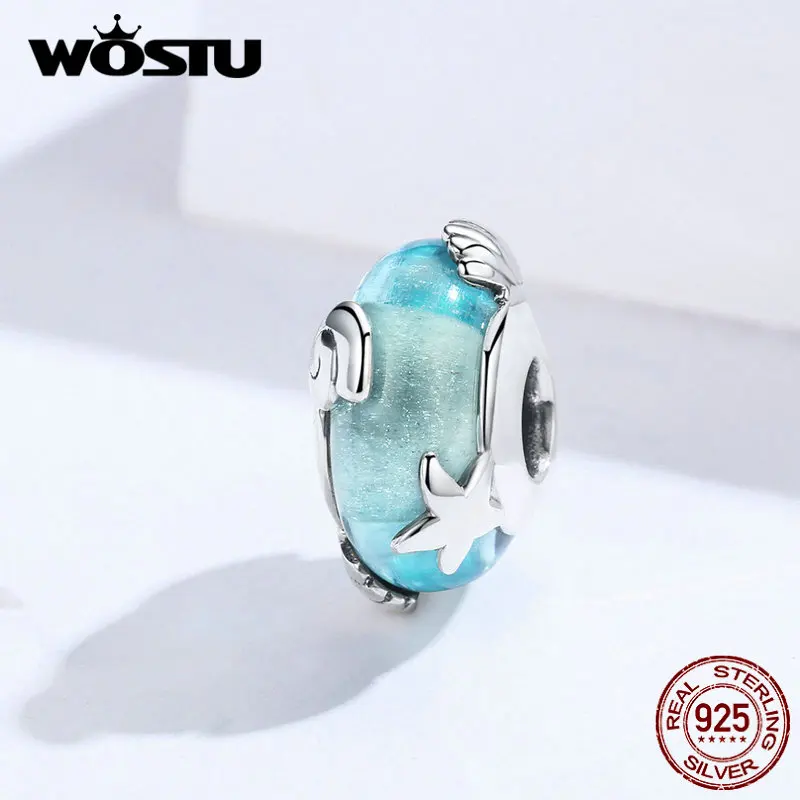 WOSTU Морская звезда и раковина синий бисер 925 пробы Silve Шарм из муранского стекла подходит для женщин браслет кулон DIY Ювелирные изделия CQC1257
