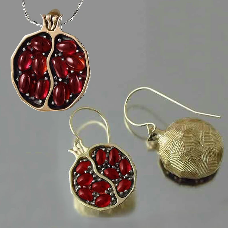 

Vintage Fruit Fresh Red Garnet Earrings Pendant Necklace Gold Color Resin Stone Pomegranate Jewelry Gift For Women Gifts Z5M269