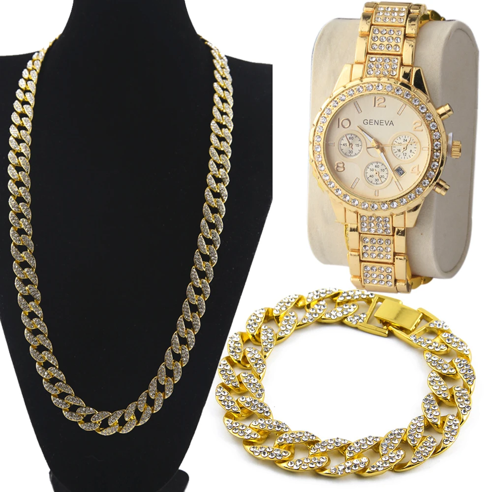 3 шт./компл. Blingbling хип-хоп Сияющие часы с камнями 2" Iced Out кубинский браслет-цепочка с камнем ожерелье набор часов
