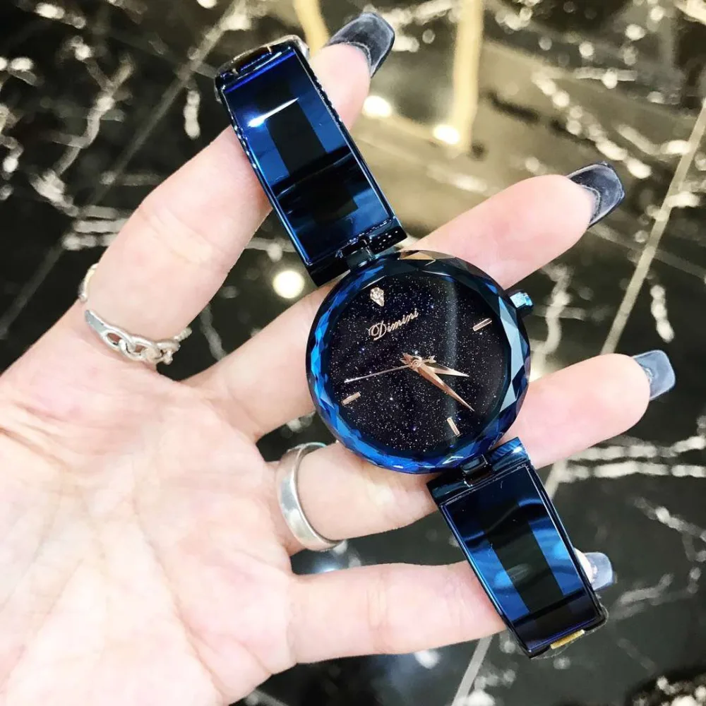 Часы женские кварцевые с кристаллами модные полностью синие наручные