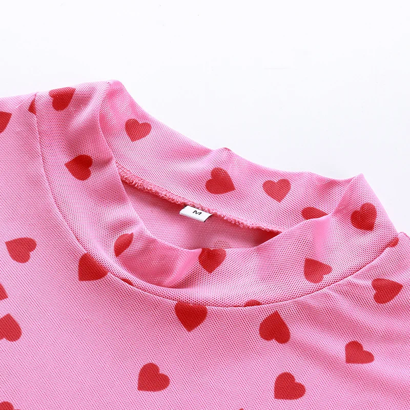 

Harajuku 2021 Women T-shirt Summer Clothes Streetwear Pink Cute Heart Mesh Tshirt Woman Short Sleeve Tops T Shirt QH194