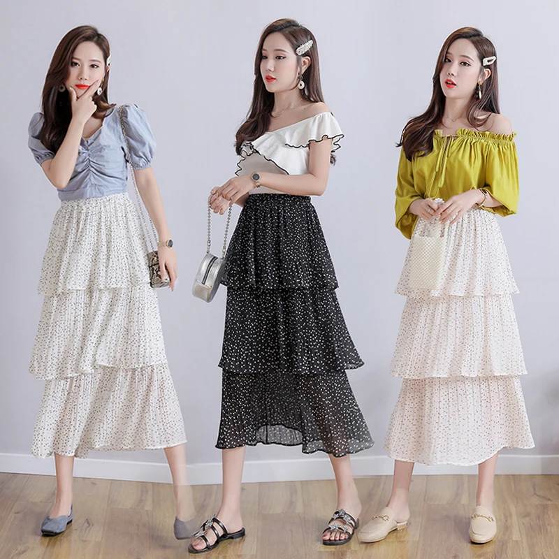 Женская многослойная юбка в горошек винтажная с высокой талией и оборками до