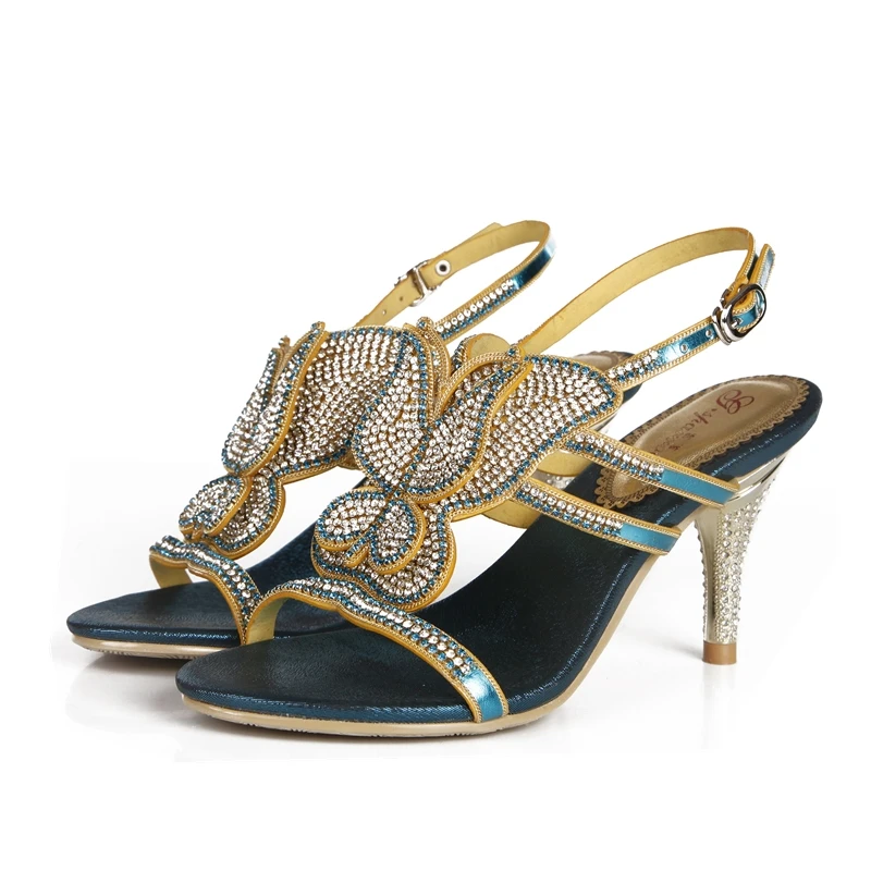 

2019 New Versatile Bohemian Style Sandals Retro Style High Heels Blue Butterfly Pattern Rhinestones Open Toe Stiletto Sandals