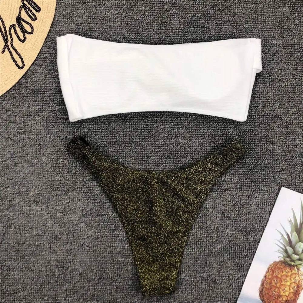 WADE SEA Flashing Silk Knit Underpants Simple Wraped Chest Swimsuit Two Pieces Bikini Swimwear Brazilian Set Beach Wear |