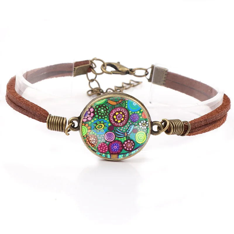 

Interchangeable Vintage Metal Abstract painting Glass Cabochon Double Leather Bracelets DIY Personalized Jewelry Finding