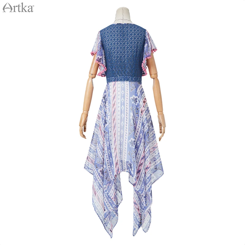 ARTKA 2019 Summer Women Chiffon Dress High Waist Print V-Neck Elegant Dresses For Back Hollow Out Design LA11790X | Женская одежда