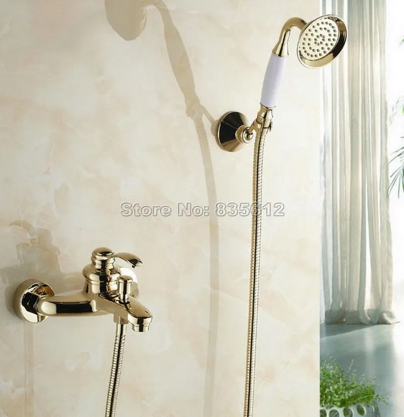 Gold Color Brass Bathroom Bathtub Shower Faucet Set Single Handle Mixer Tap with Wall Mounted Ceramic Hand Held Wtf402 | Обустройство