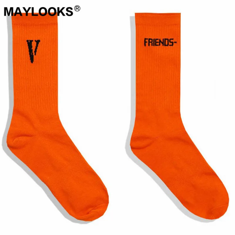 Maylooks Tide V word black orange high street hip hop tide FRIENDS letter tube socks W61