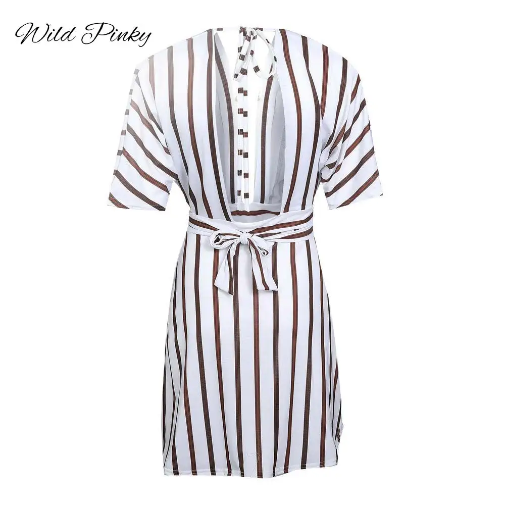 

WildPinky Fashion Women Striped Print Dress Casual Deep V-neck Short Sleeve Button Backless Dresses Vintage Striped Vestidos