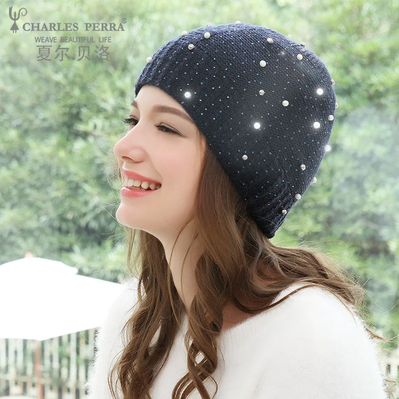 

Charles Perra Women Hats New 2020 Autumn Winter Warm Female Beanies Fashion Rhinestone Wool Blend Knitted Caps 6226